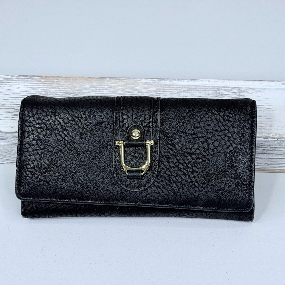 Black Vegan Leather Tri-Fold Wallet with Gold Horsebit Hardware